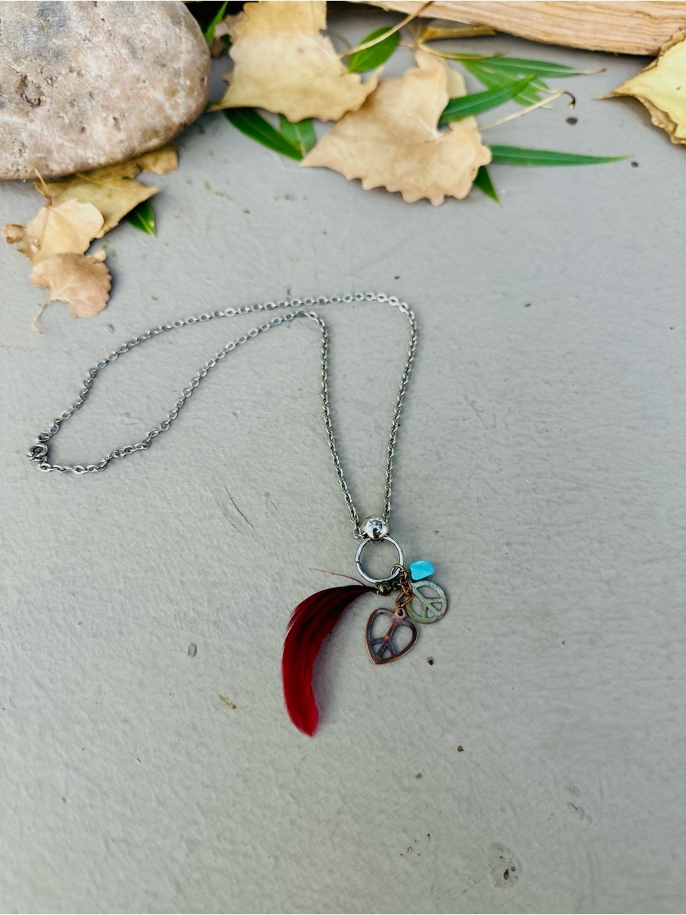 Delicate Silver Chain Necklace with Red Feather and Turquoise Accents